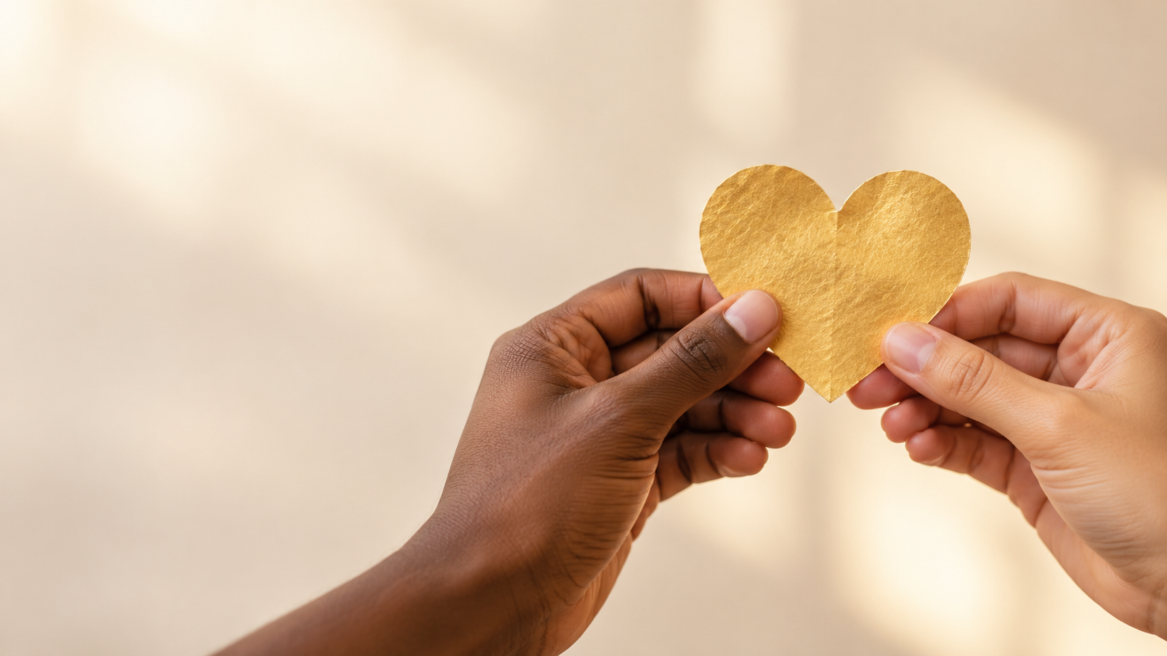 Two hands holding a handmade gold heart