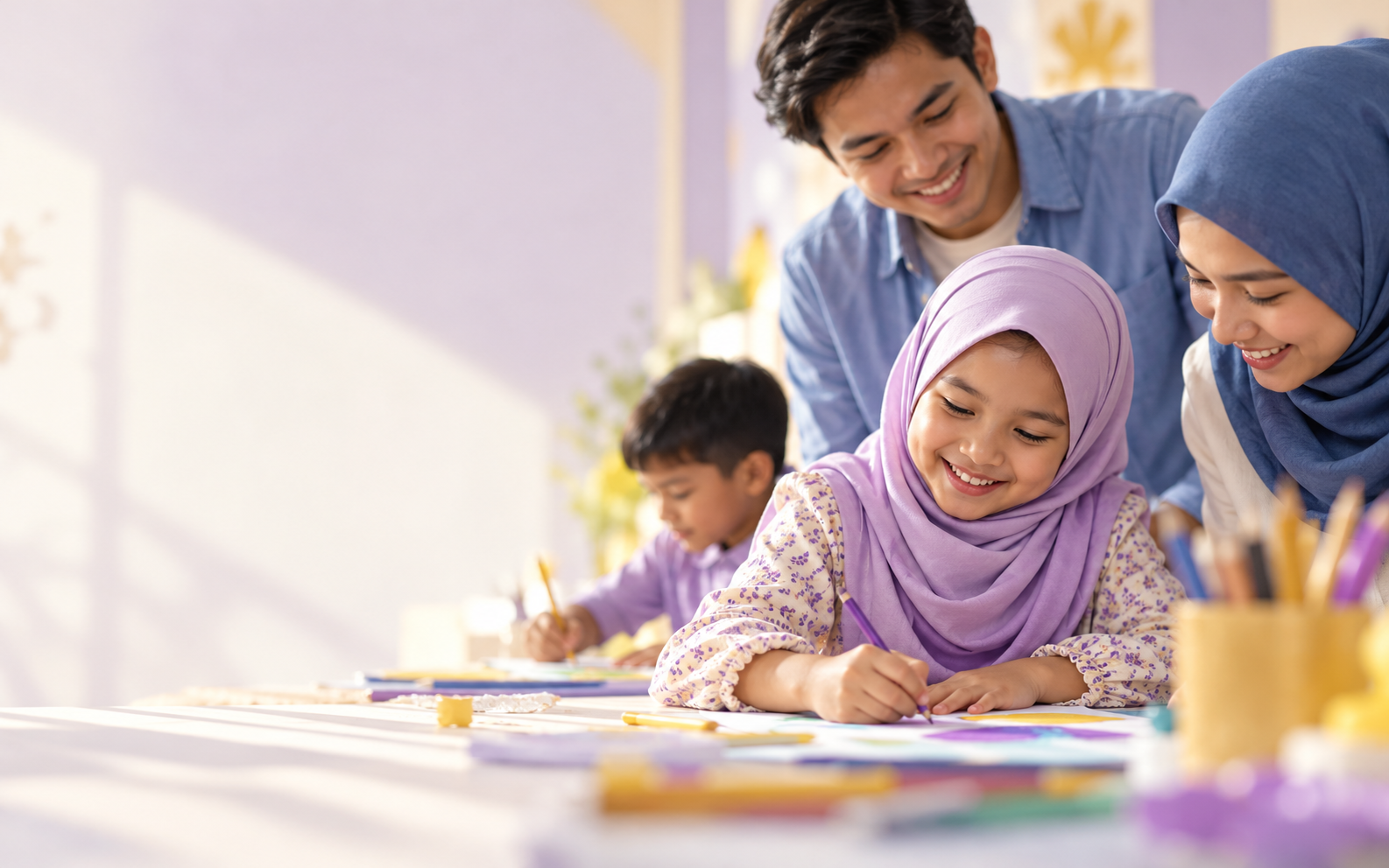 A child enjoying a creative activity with caring family members and volunteers