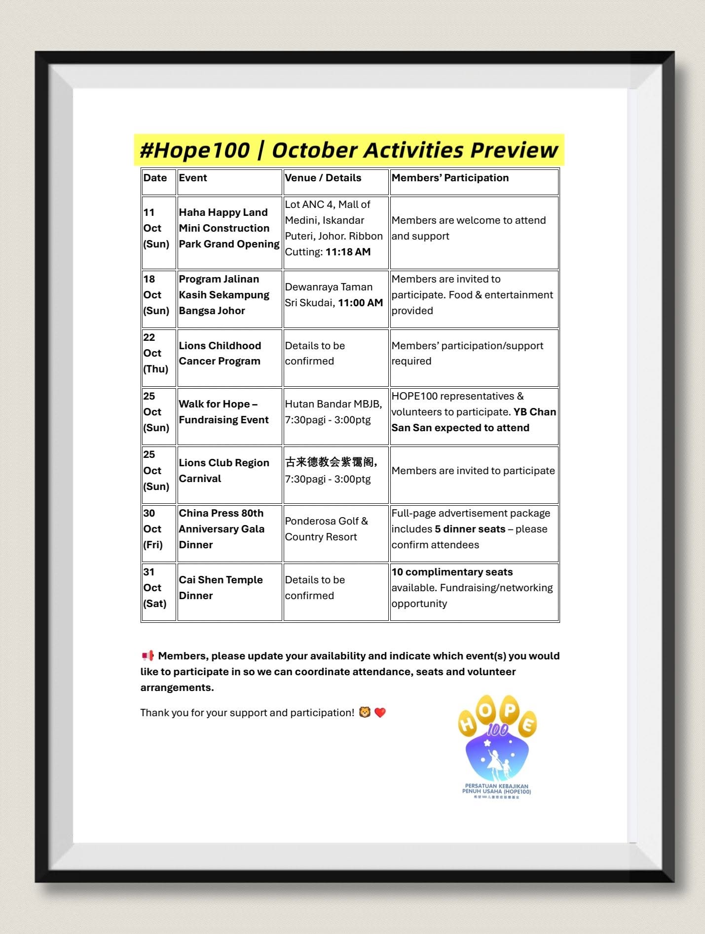 Hope100 October activities preview featuring charity, care, community engagement and fundraising events