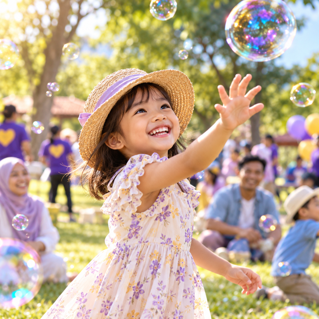 A child joyfully reaching for bubbles during a community activity