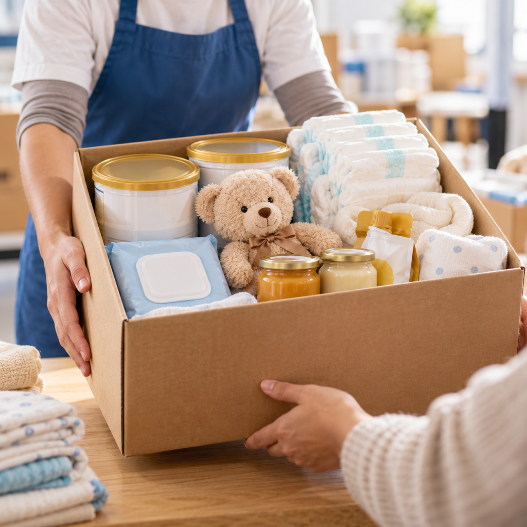 A care box containing nutrition products, diapers and essential supplies