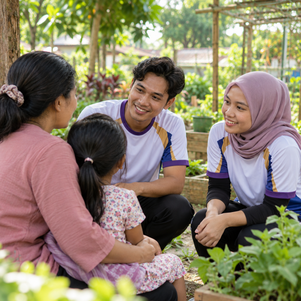 A family speaking with caring community volunteers in a garden