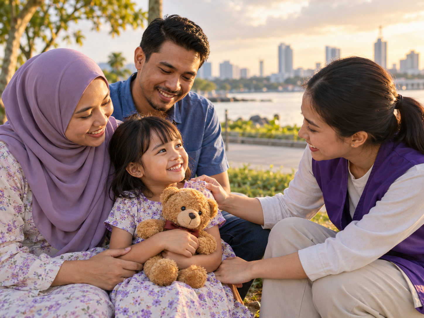 A family and volunteer sharing a warm moment with a child